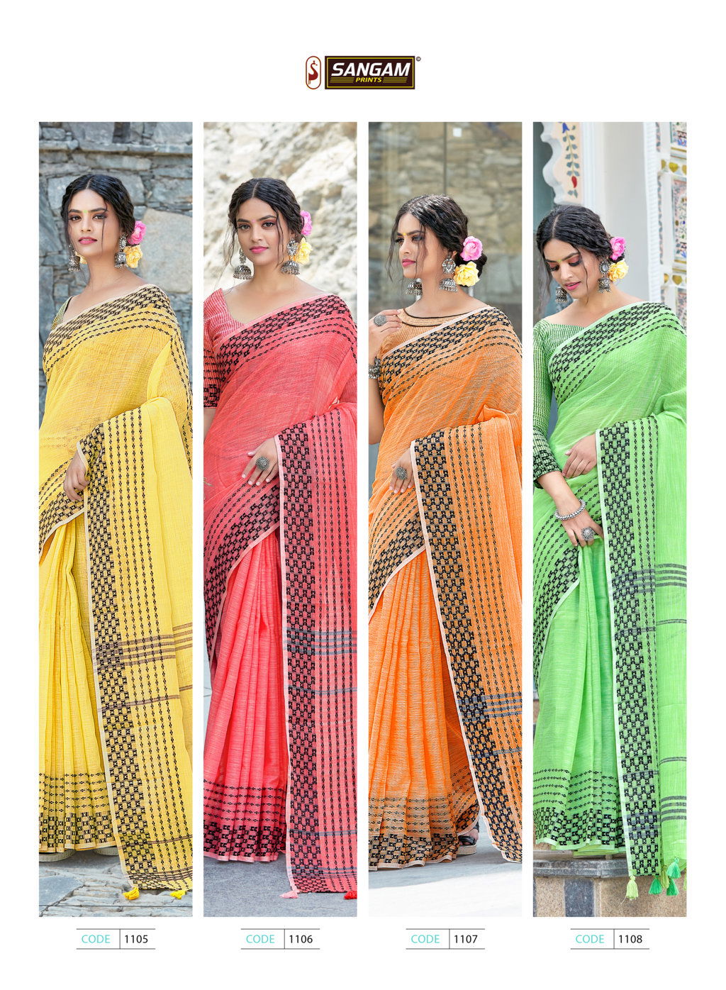Sangam Rangeen Thread Work Ethnic Wear Linen Cotton Printed Saree Collection